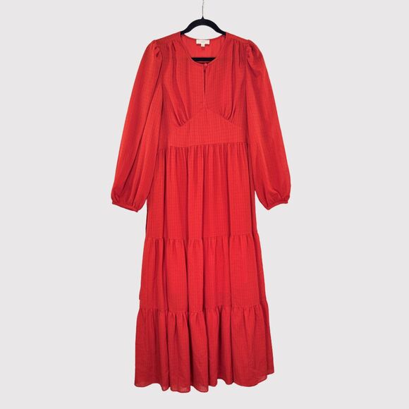 A Loves A Women Dress Red Maxi Puff Sleeve V Neck Plaid Tiered Long Sleeve Small - Picture 1 of 10
